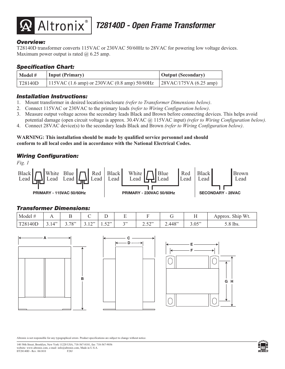 Altronix T28140D Installation Instructions User Manual | 1 page