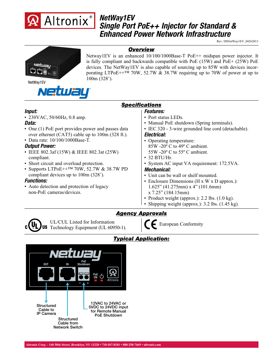 Altronix NetWay1EV Data Sheet User Manual | 1 page