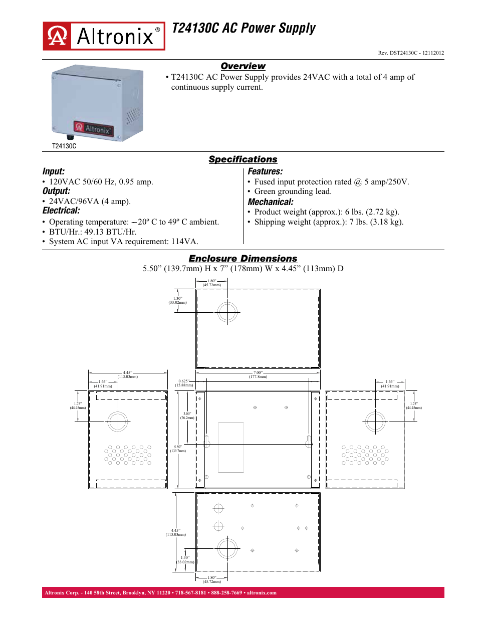 Altronix T24130C Data Sheet User Manual | 1 page