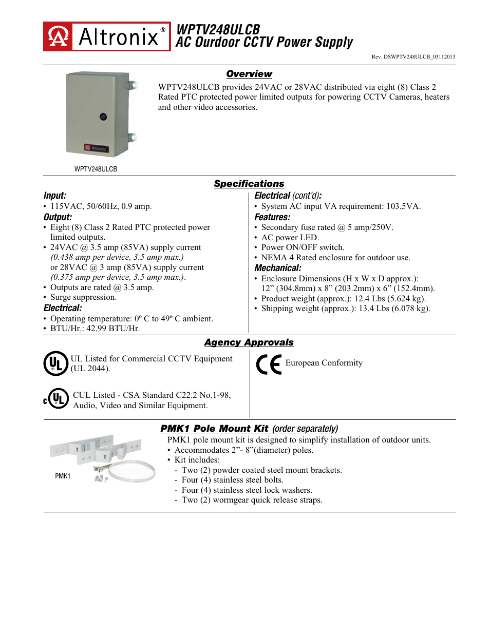 Altronix WPTV248ULCB Data Sheet User Manual | 2 pages