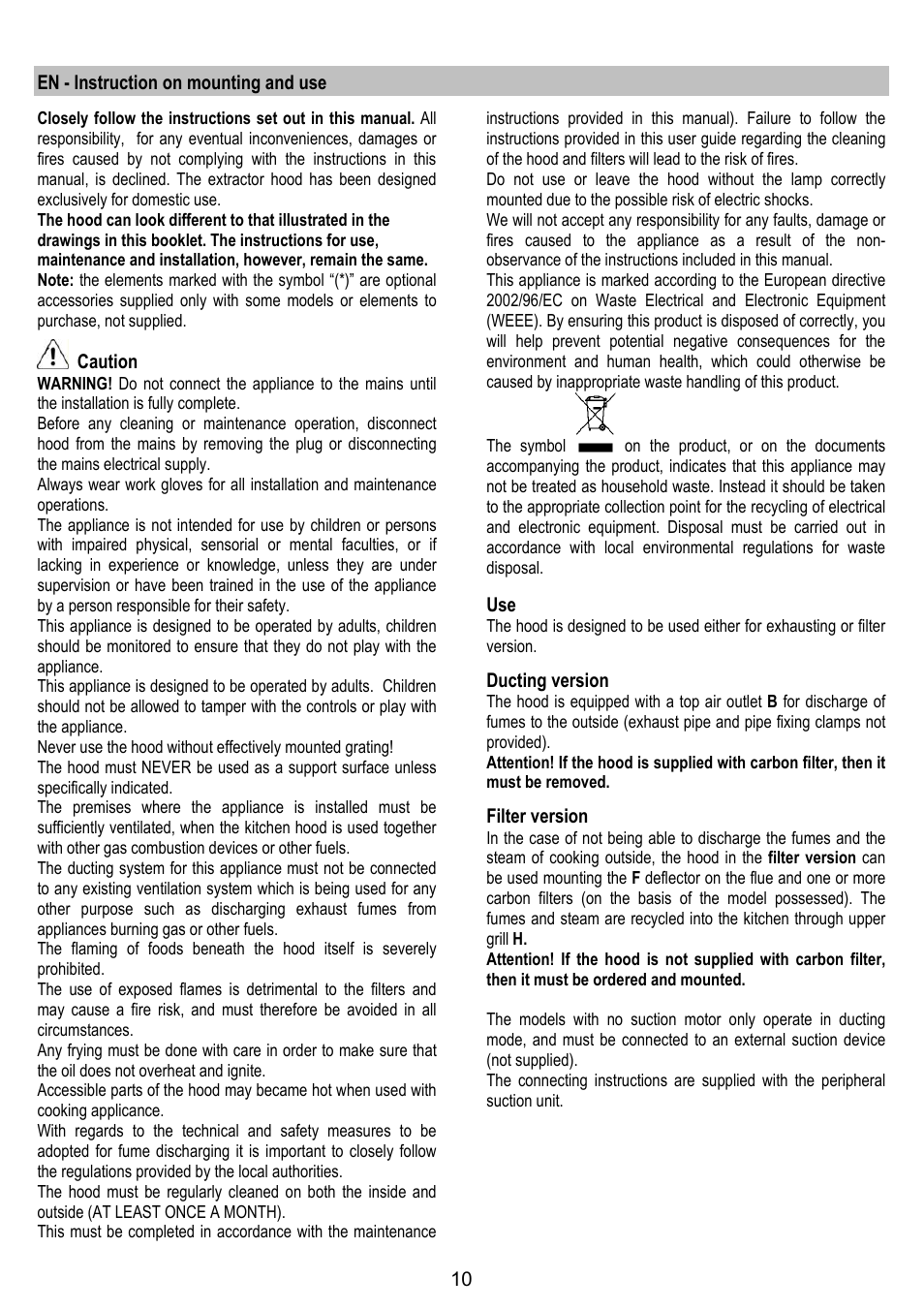 En - instruction on mounting and use, Caution, Ducting version | Filter version | Gorenje DK 9315 X User Manual | Page 10 / 76