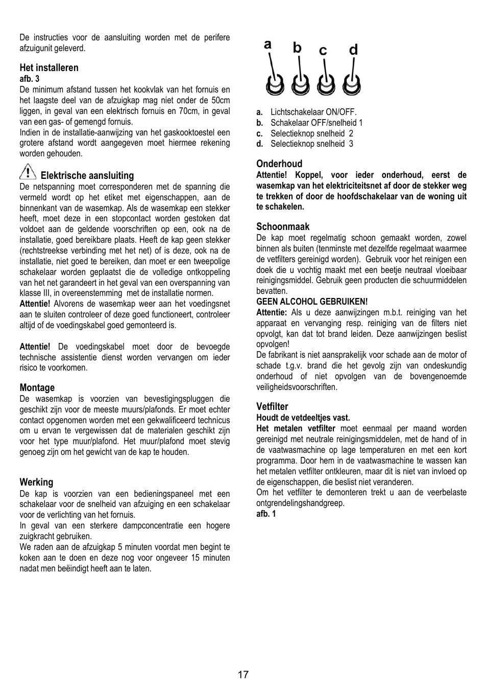 Het installeren, Elektrische aansluiting, Montage | Werking, Onderhoud, Schoonmaak, Vetfilter | Gorenje DK 9315 X User Manual | Page 17 / 76