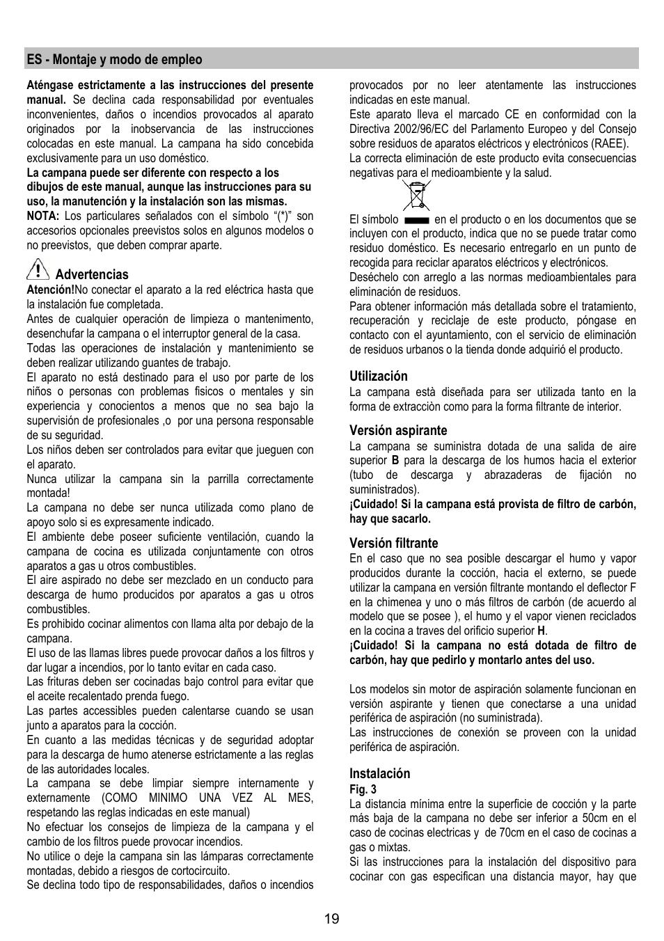 Es - montaje y modo de empleo, Advertencias, Utilización | Versión aspirante, Versión filtrante, Instalación | Gorenje DK 9315 X User Manual | Page 19 / 76