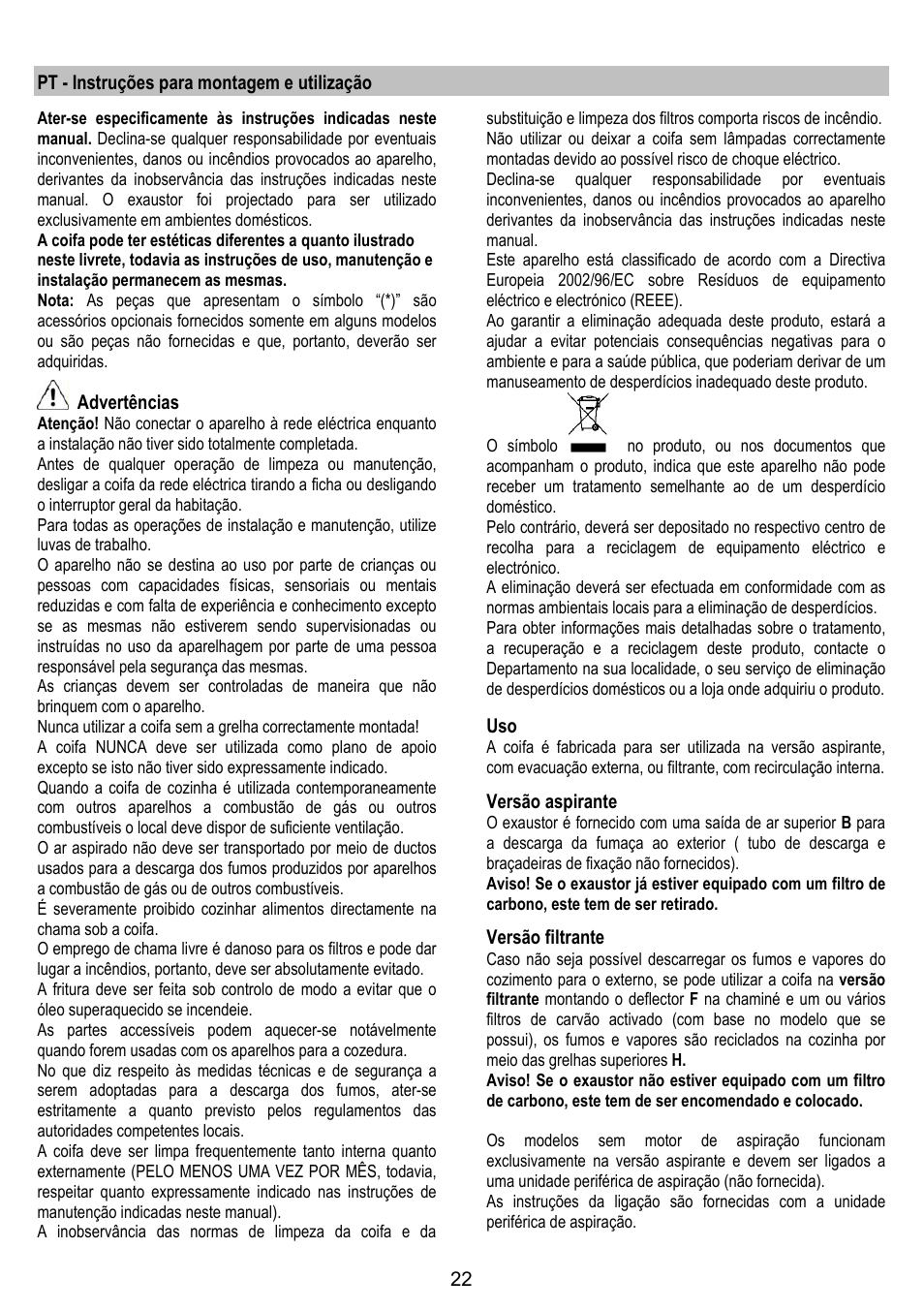 Pt - instruções para montagem e utilização, Advertências, Versão aspirante | Versão filtrante | Gorenje DK 9315 X User Manual | Page 22 / 76