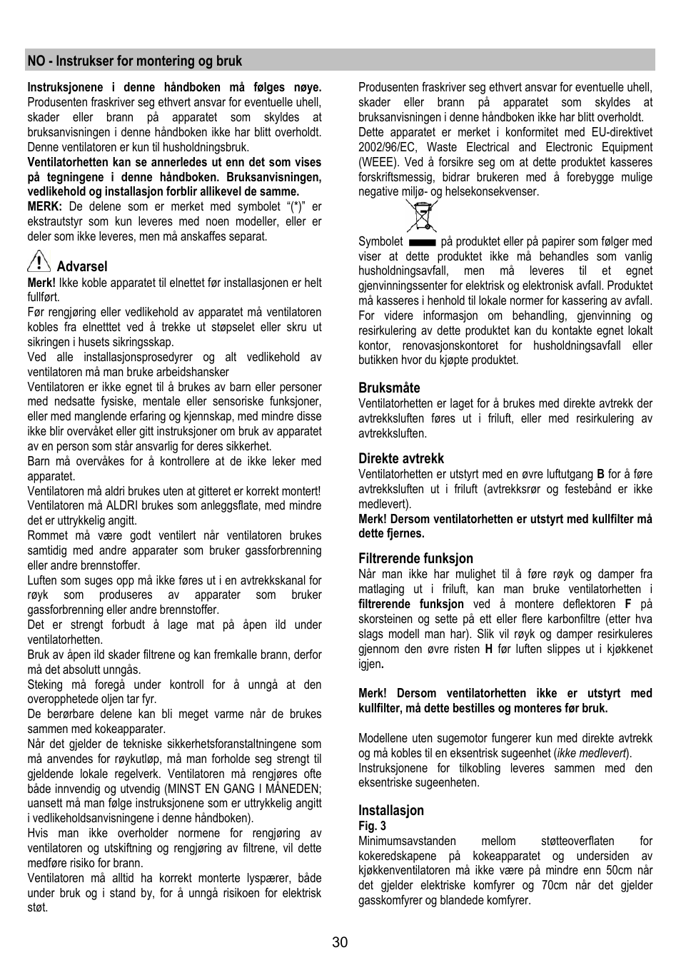 No - instrukser for montering og bruk, Advarsel, Bruksmåte | Direkte avtrekk, Filtrerende funksjon, Installasjon | Gorenje DK 9315 X User Manual | Page 30 / 76