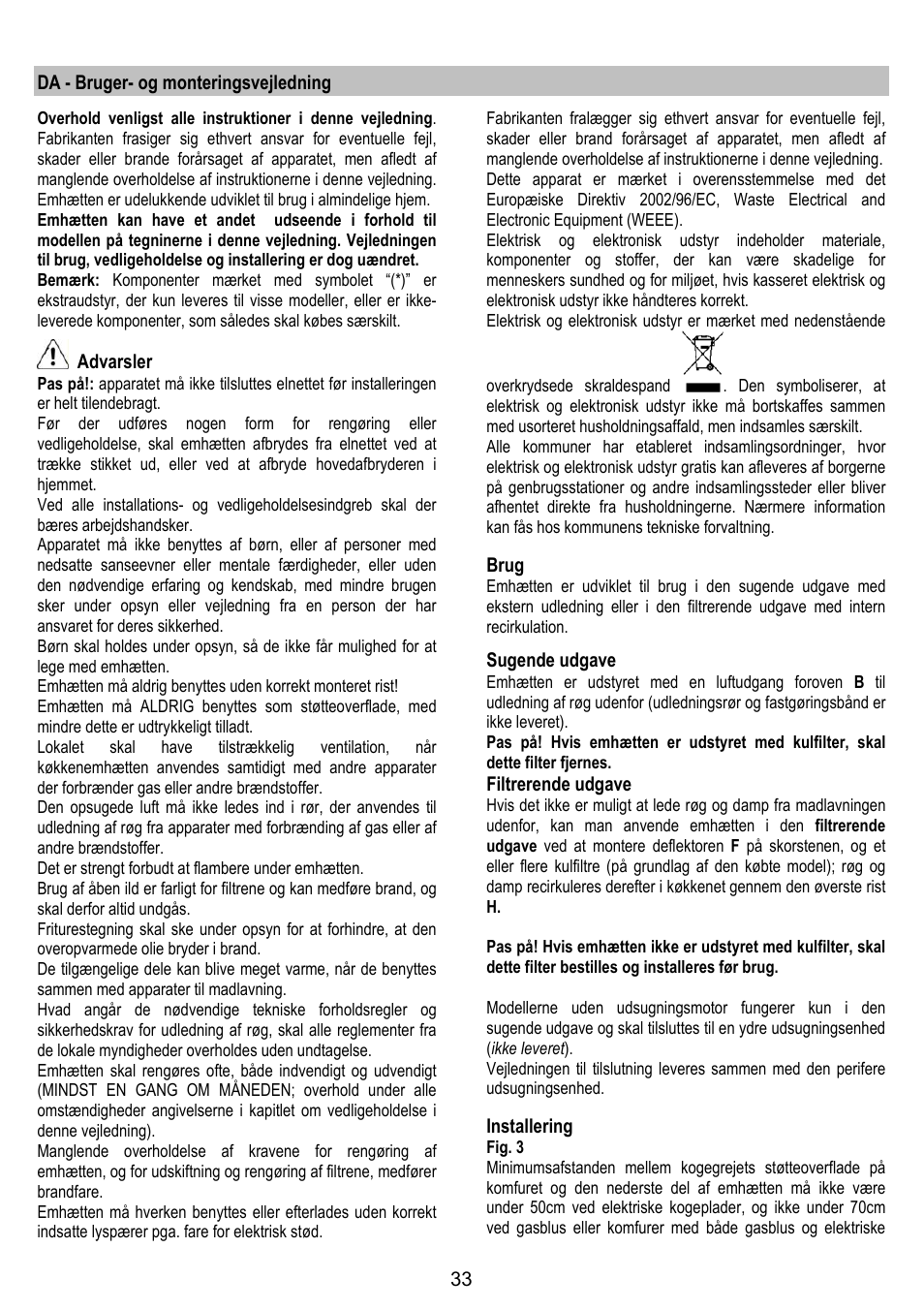 Da - bruger- og monteringsvejledning, Advarsler, Brug | Sugende udgave, Filtrerende udgave, Installering | Gorenje DK 9315 X User Manual | Page 33 / 76