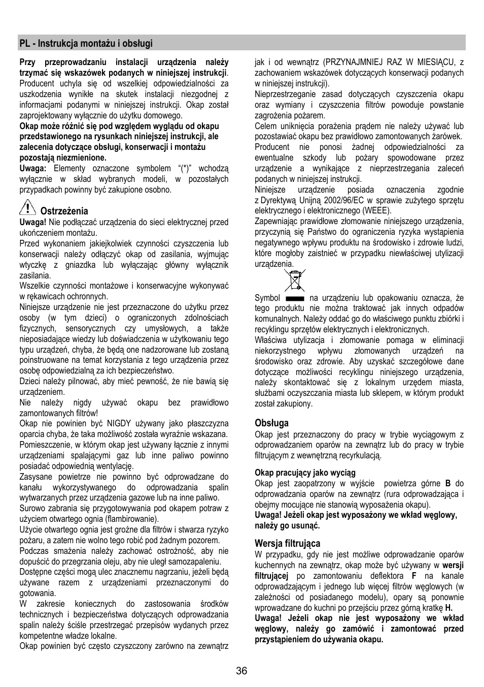 Pl - instrukcja montażu i obsługi, Ostrzeżenia, Obsługa | Wersja filtrująca | Gorenje DK 9315 X User Manual | Page 36 / 76