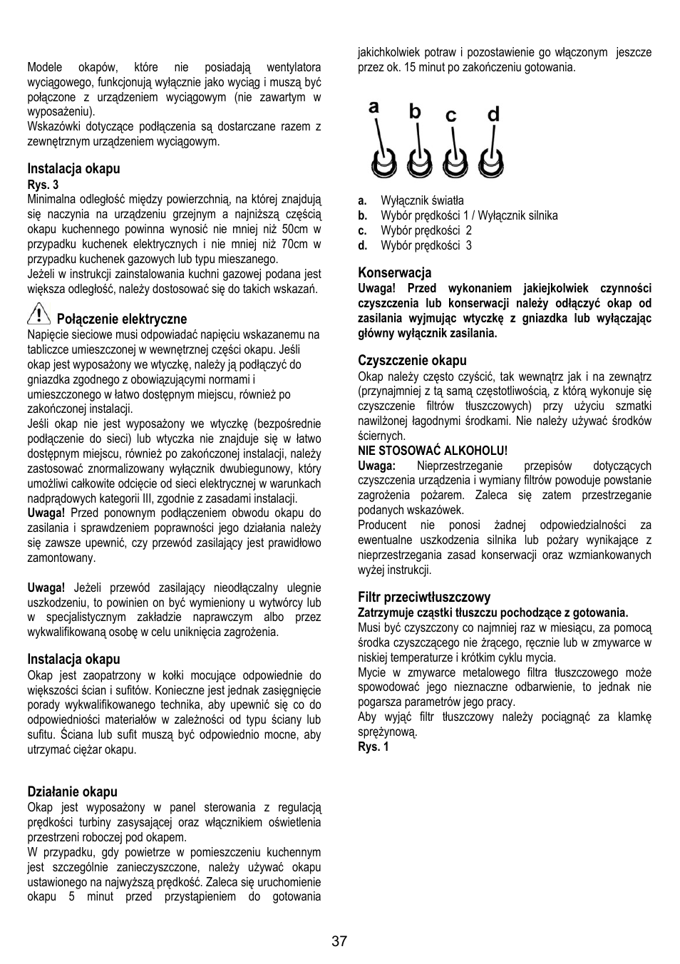 Instalacja okapu, Połączenie elektryczne, Działanie okapu | Konserwacja, Czyszczenie okapu, Filtr przeciwtłuszczowy | Gorenje DK 9315 X User Manual | Page 37 / 76