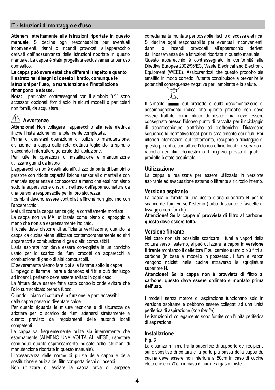 It - istruzioni di montaggio e d'uso, Avvertenze, Utilizzazione | Versione aspirante, Versione filtrante, Installazione | Gorenje DK 9315 X User Manual | Page 4 / 76