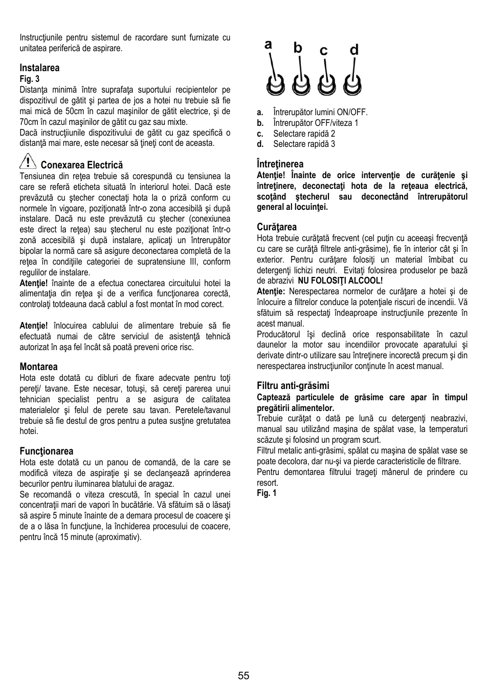 Instalarea, Conexarea electrică, Montarea | Funcţionarea, Întreţinerea, Curăţarea, Filtru anti-grăsimi | Gorenje DK 9315 X User Manual | Page 55 / 76