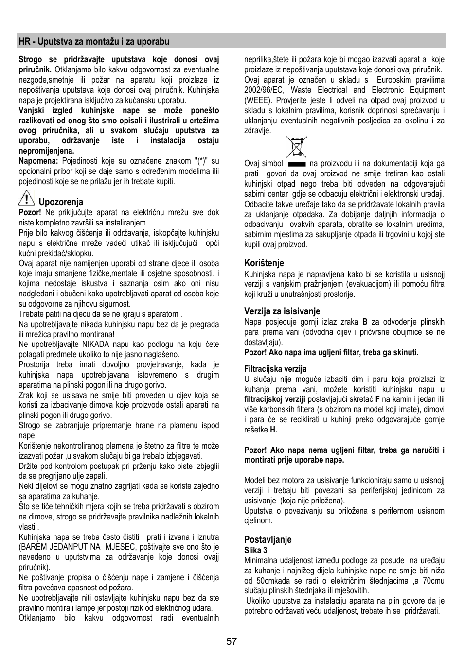 Hr - uputstva za montažu i za uporabu, Upozorenja, Korištenje | Verzija za isisivanje, Postavljanje | Gorenje DK 9315 X User Manual | Page 57 / 76