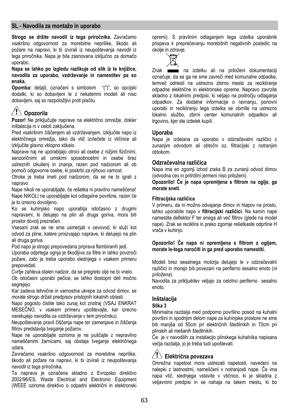 Sl - navodila za montažo in uporabo, Opozorila, Uporaba | Odzračevalna različica, Inštalacija, Električna povezava | Gorenje DK 9315 X User Manual | Page 63 / 76