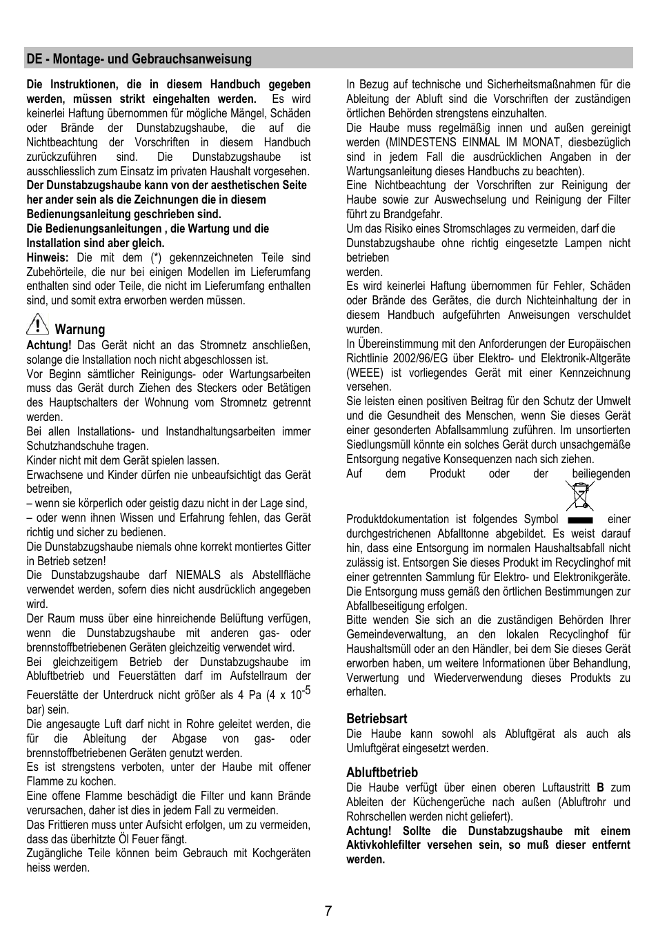 De - montage- und gebrauchsanweisung, Warnung, Betriebsart | Abluftbetrieb | Gorenje DK 9315 X User Manual | Page 7 / 76