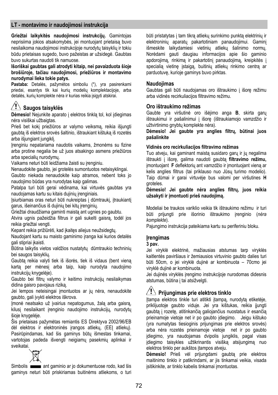 Lt - montavimo ir naudojimosi instrukcija, Saugos taisyklės, Naudojimas | Oro ištraukimo režimas, Įrengimas, Prijungimas prie elektros tinklo | Gorenje DK 9315 X User Manual | Page 72 / 76