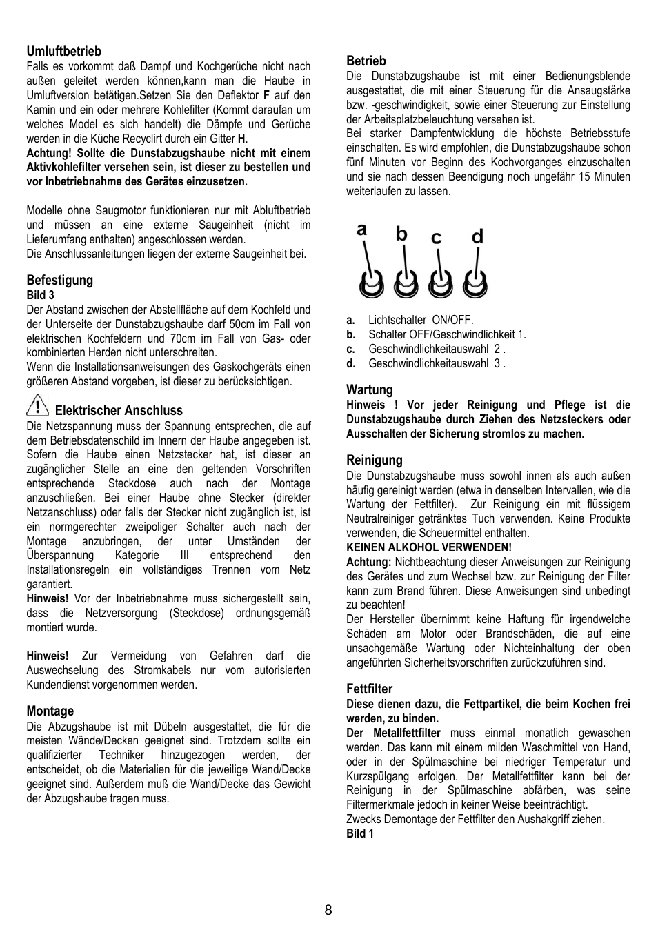 8umluftbetrieb, Befestigung, Elektrischer anschluss | Montage, Betrieb, Wartung, Reinigung, Fettfilter | Gorenje DK 9315 X User Manual | Page 8 / 76