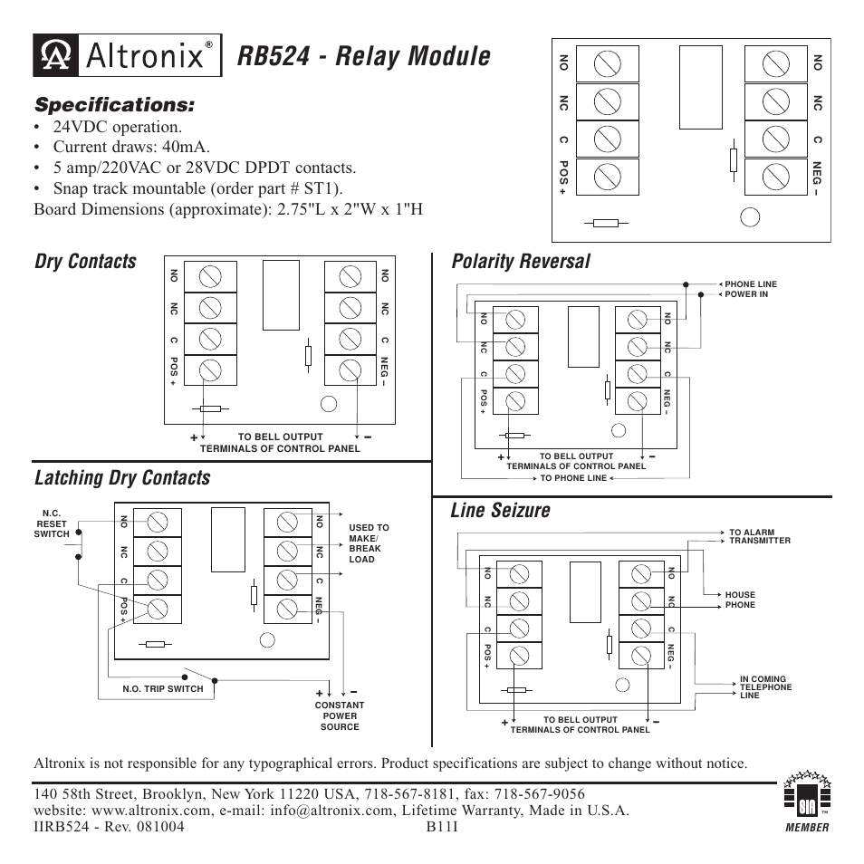 Altronix RB524 Installation Instructions User Manual | 1 page