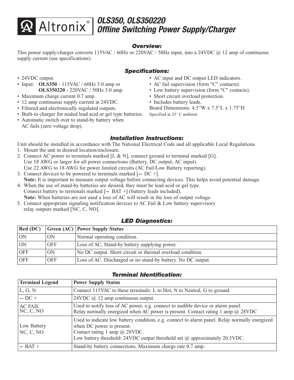 Altronix OLS350 Installation Instructions User Manual | 2 pages