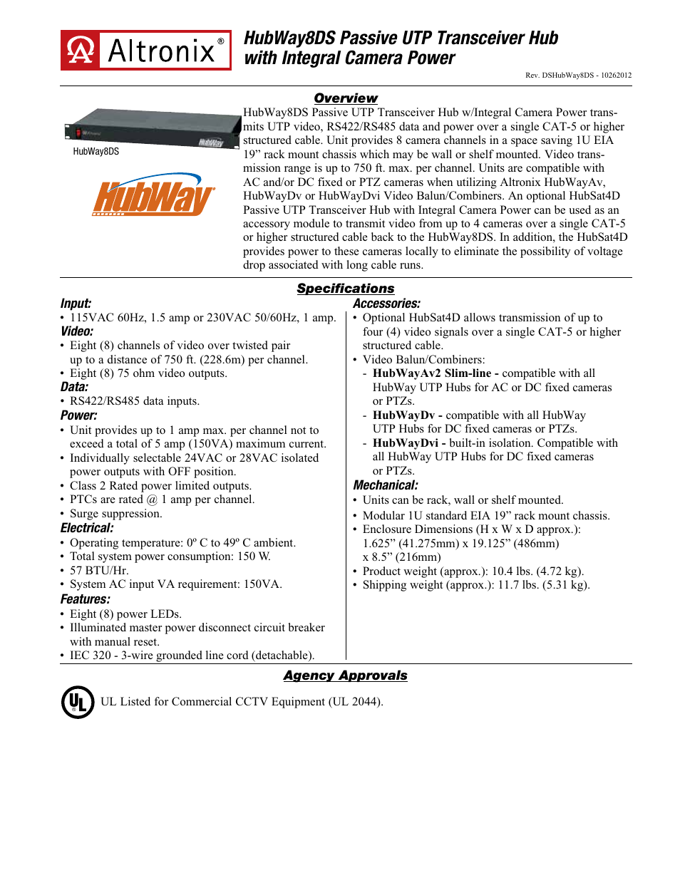 Altronix HubWay 8DS Data Sheet User Manual | 2 pages