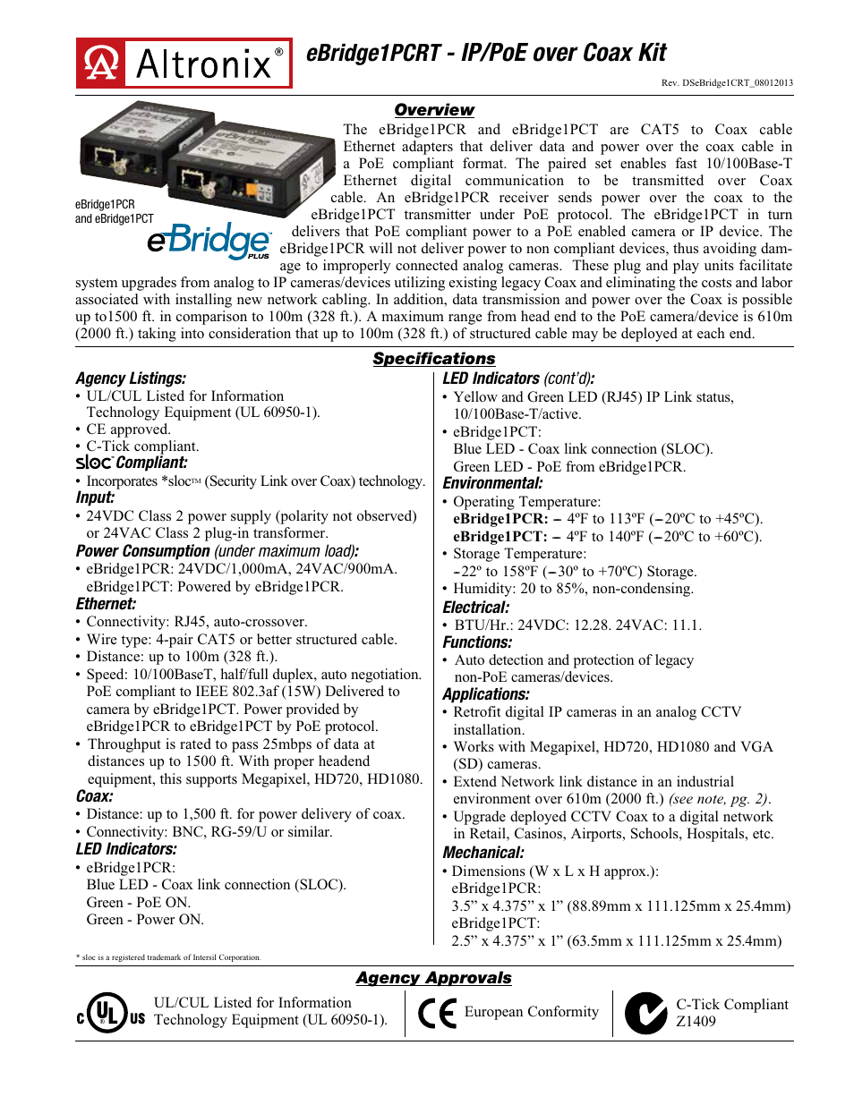 Altronix eBridge1PCRT Data Sheet User Manual | 2 pages