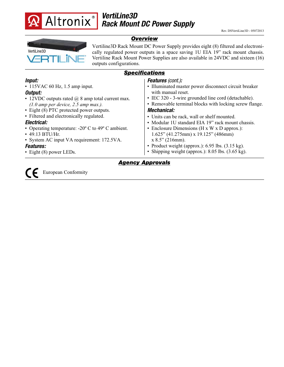 Altronix VertiLine3D Data Sheet User Manual | 2 pages