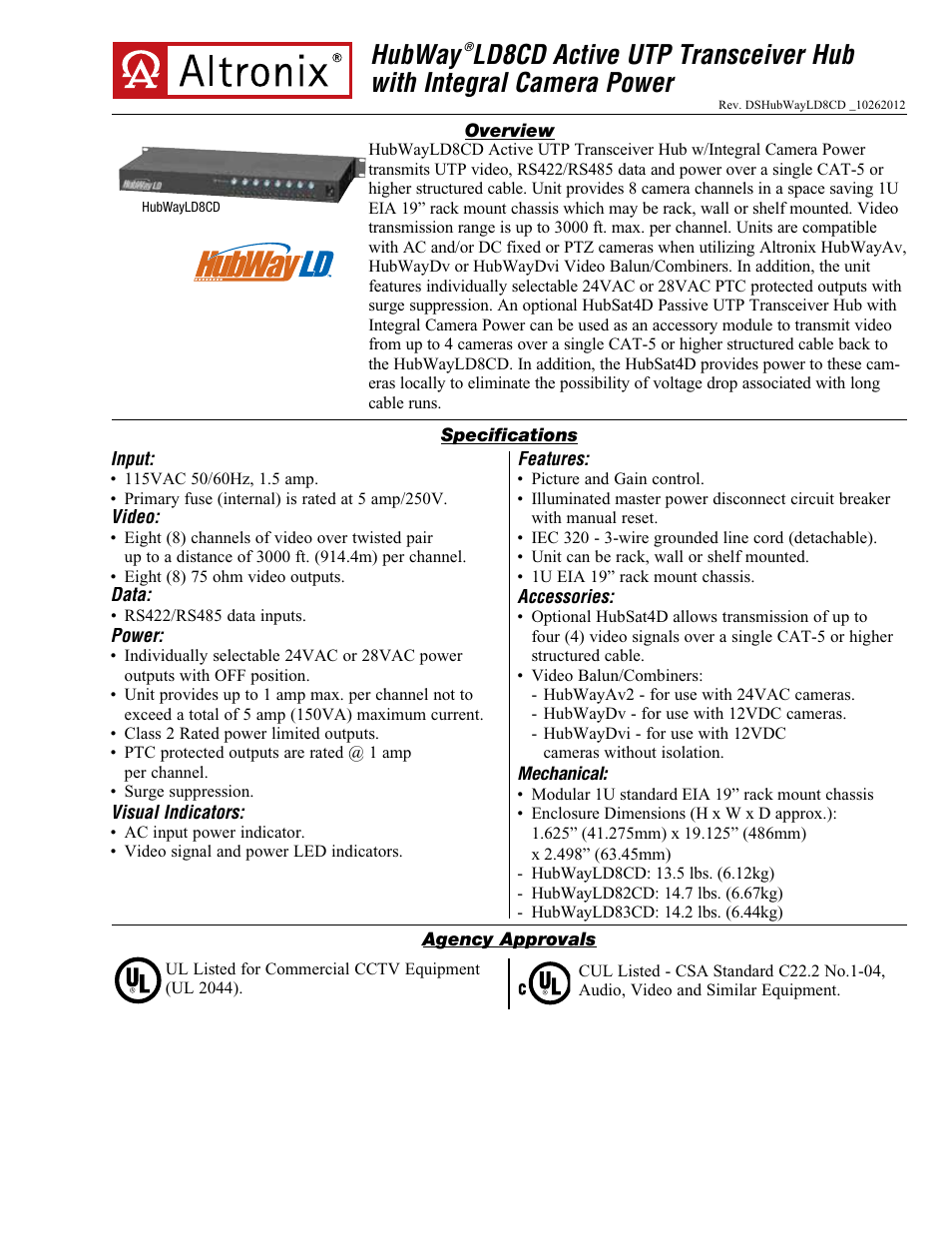 Altronix HubWay LD8CD Data Sheet User Manual | 2 pages