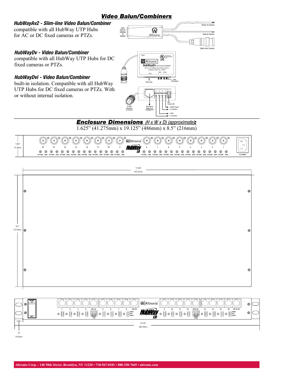 Video balun/combiners, Enclosure dimensions | Altronix HubWay LD8CD Data Sheet User Manual | Page 2 / 2