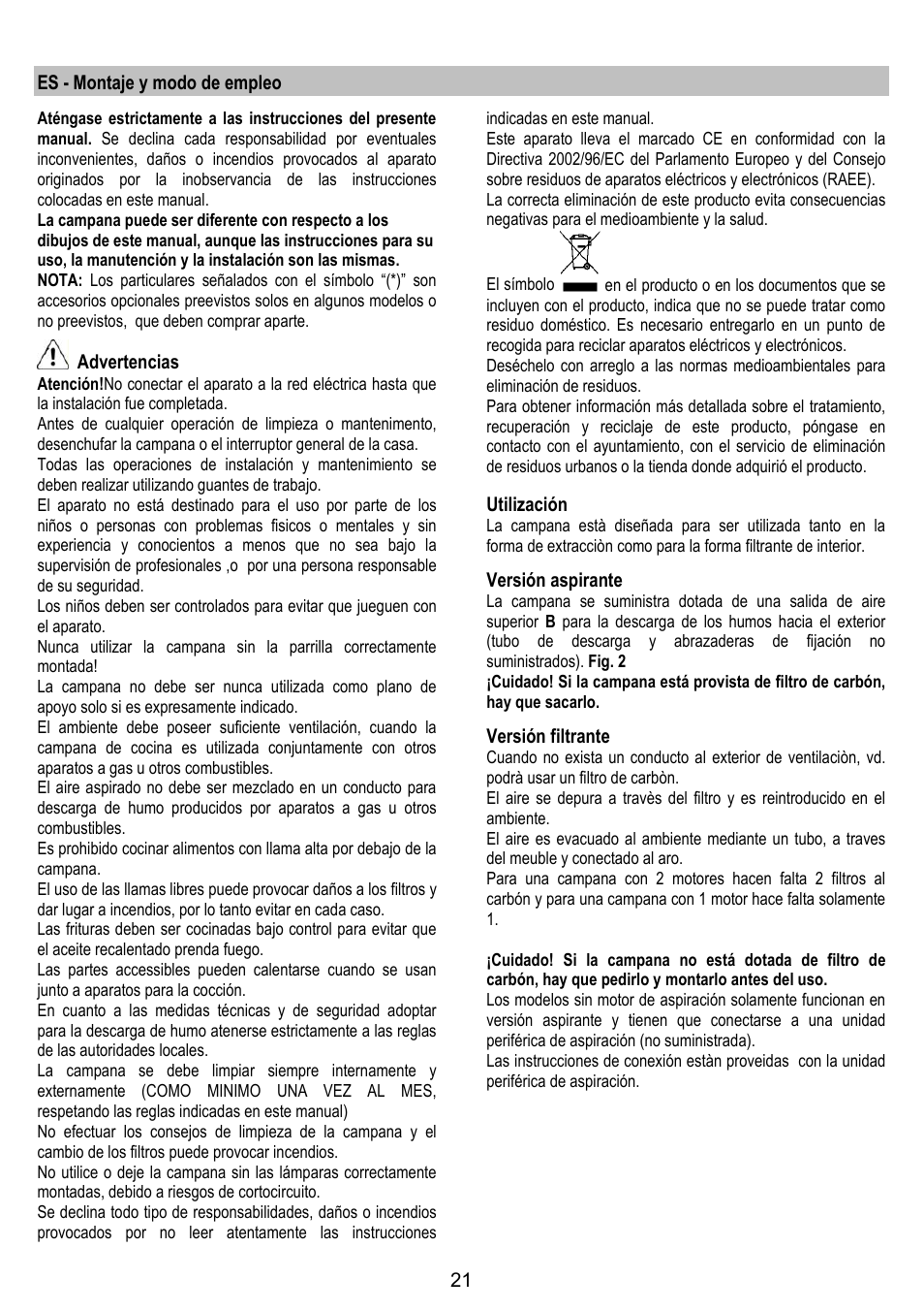 Es - montaje y modo de empleo, Advertencias, Utilización | Versión aspirante, Versión filtrante | Gorenje DF 6116 BX User Manual | Page 21 / 96