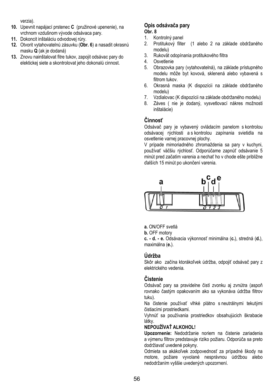 Opis odsávača pary, Činnosť, Údržba | Čistenie | Gorenje DF 6116 BX User Manual | Page 56 / 96