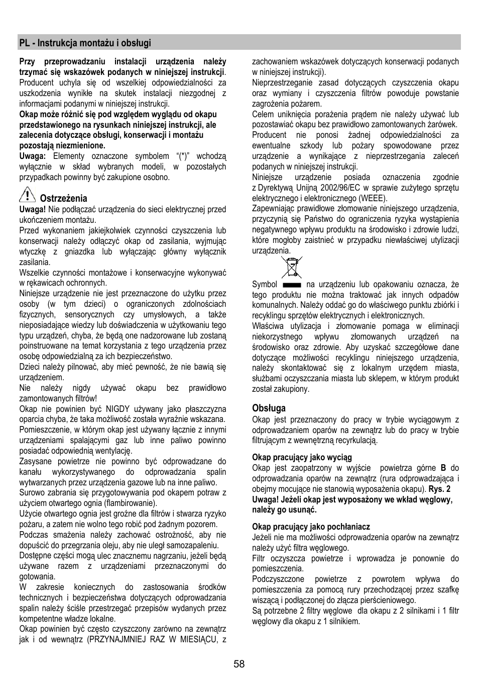 Pl - instrukcja montażu i obsługi, Ostrzeżenia, Obsługa | Gorenje DF 6116 BX User Manual | Page 58 / 96