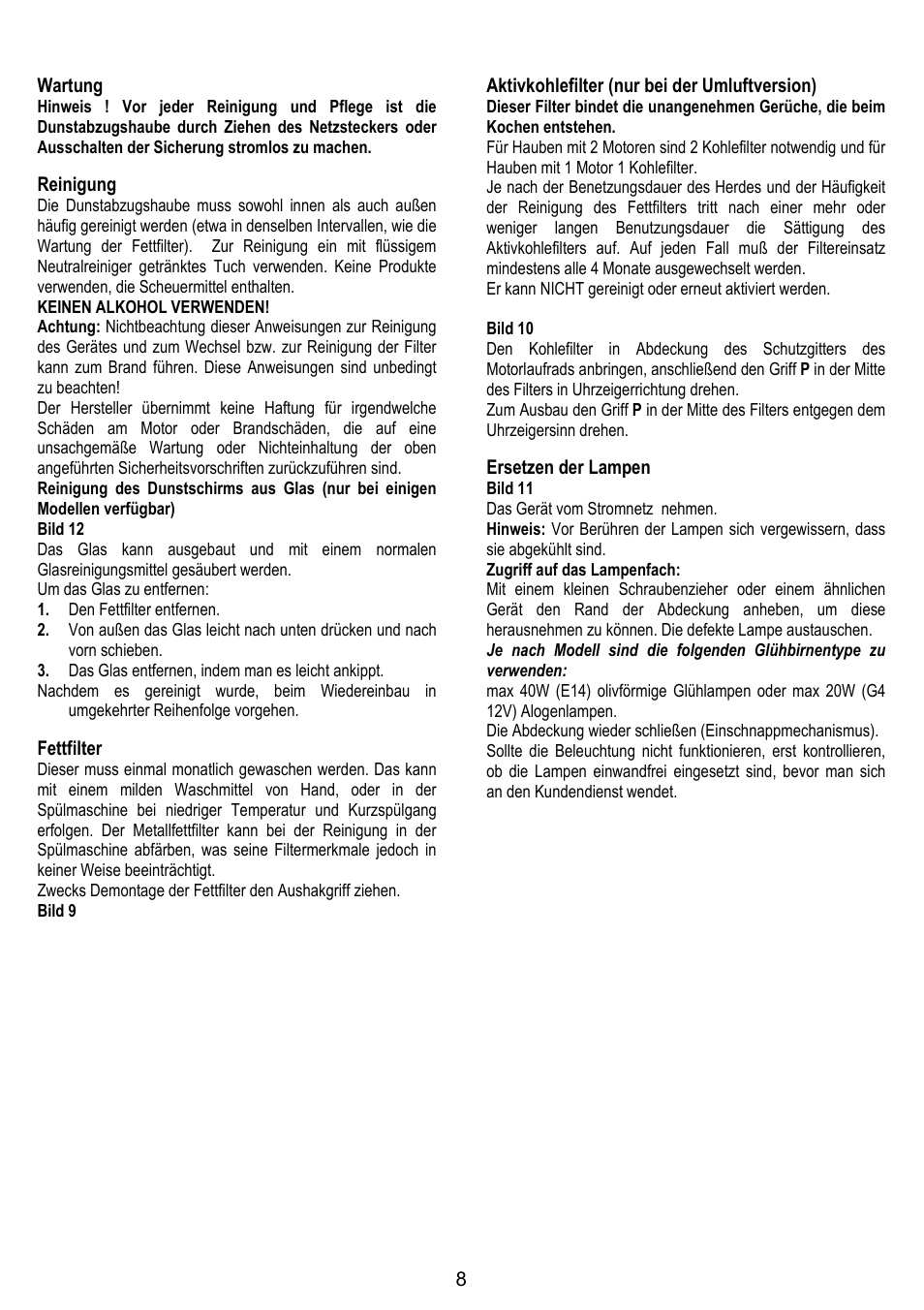 8wartung, Reinigung, Fettfilter | Aktivkohlefilter (nur bei der umluftversion), Ersetzen der lampen | Gorenje DF 6116 BX User Manual | Page 8 / 96