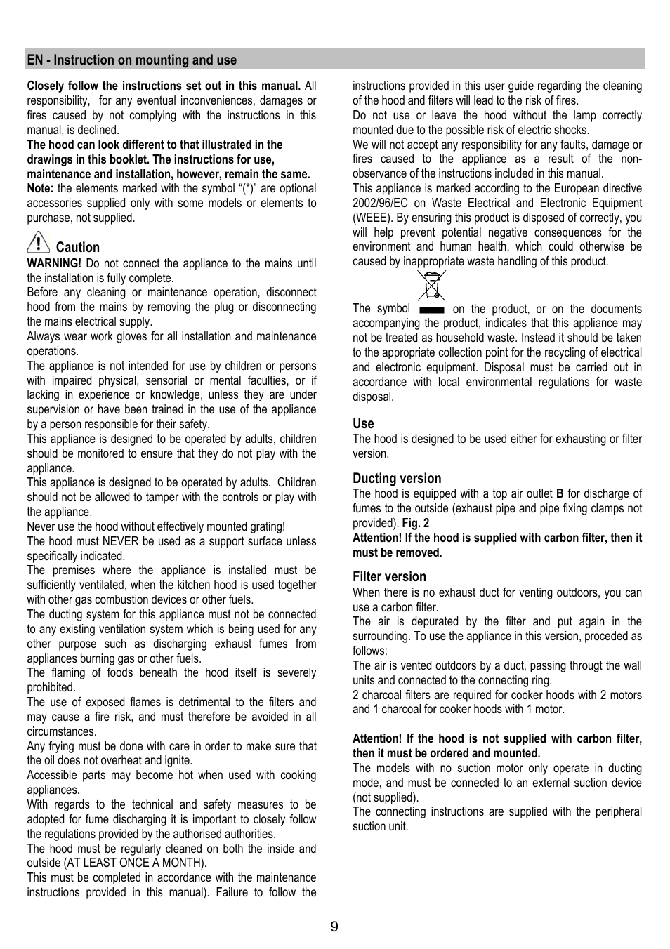 En - instruction on mounting and use, Caution, Ducting version | Filter version | Gorenje DF 6116 BX User Manual | Page 9 / 96