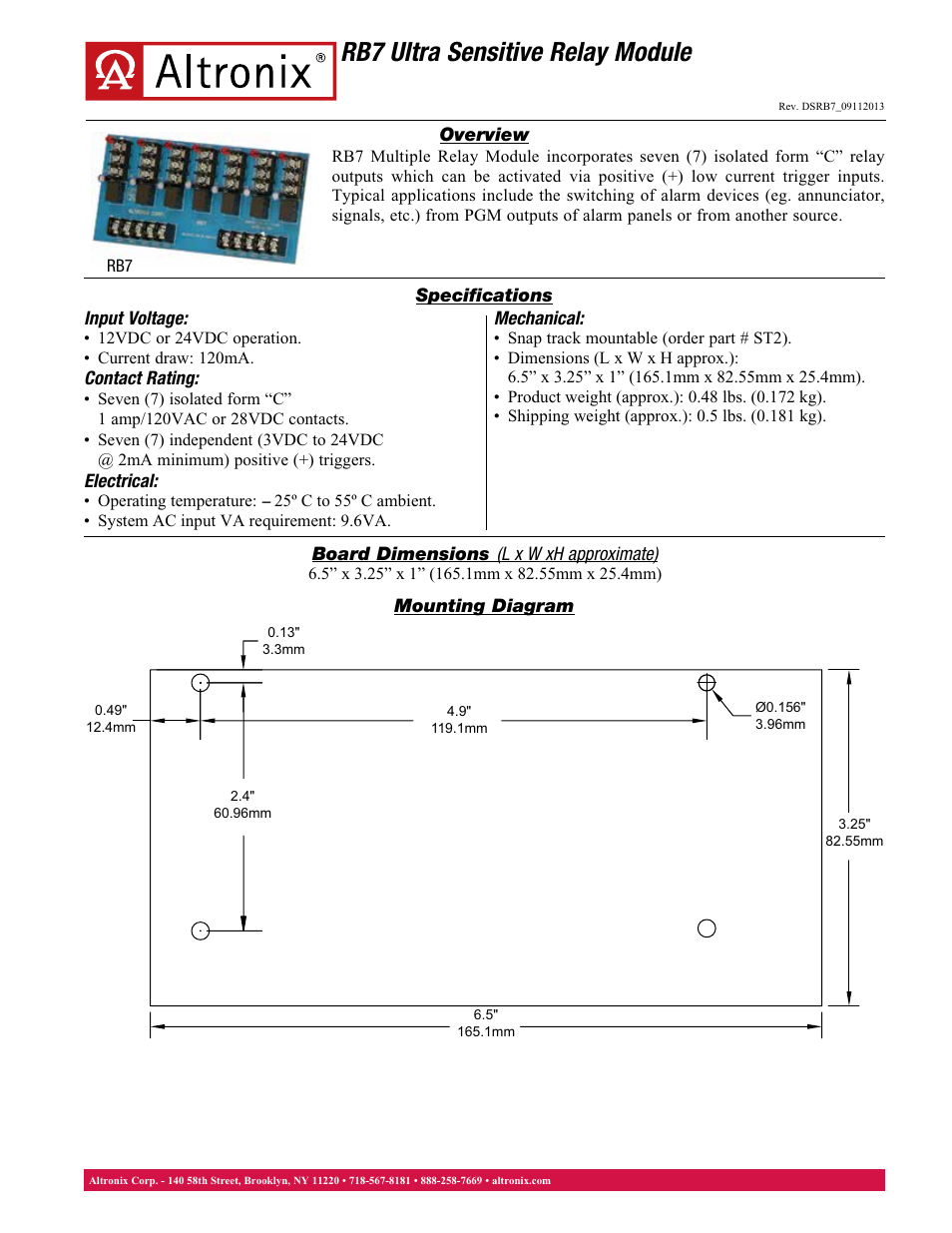Altronix RB7 Data Sheet User Manual | 1 page