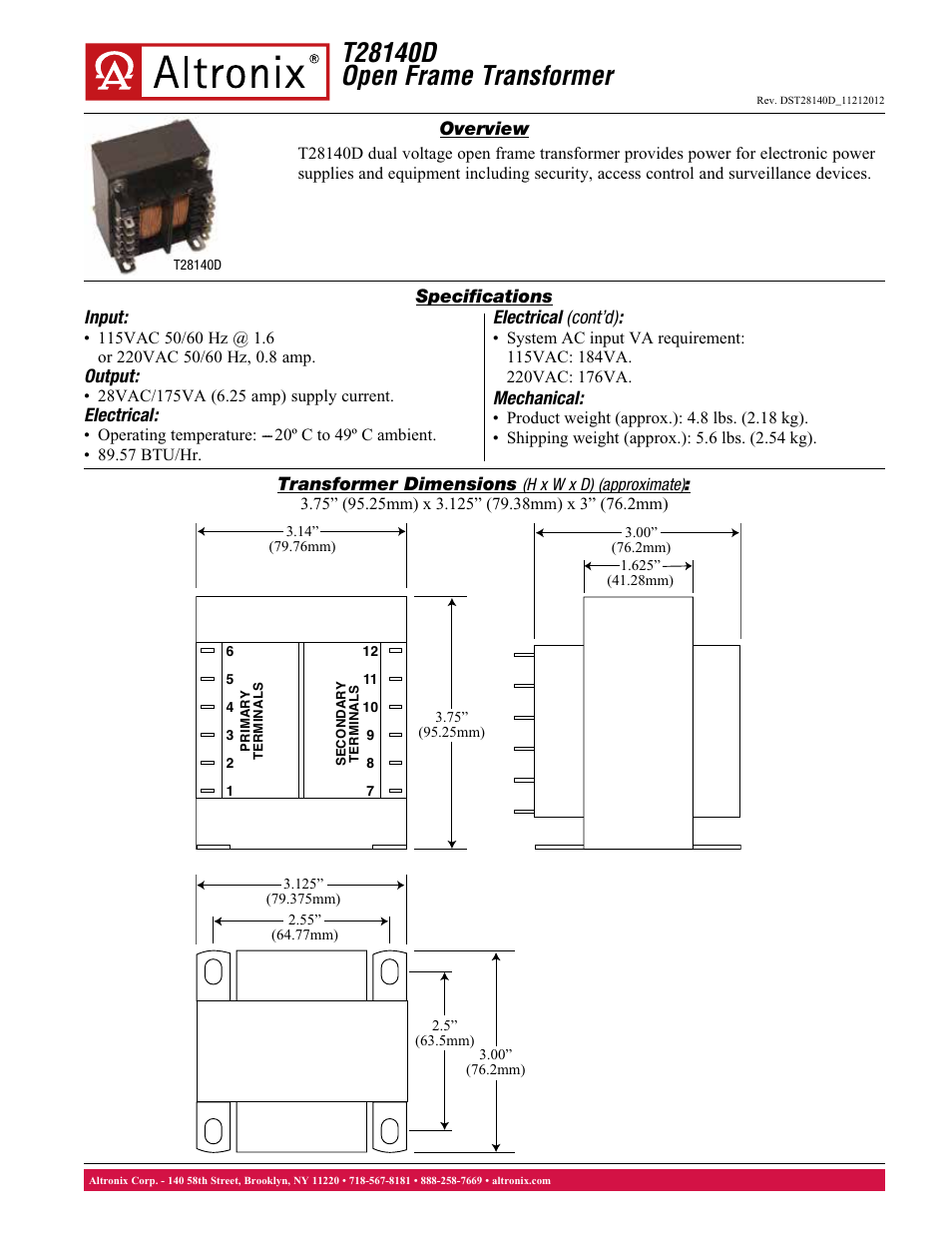 Altronix T28140D Data Sheet User Manual | 1 page