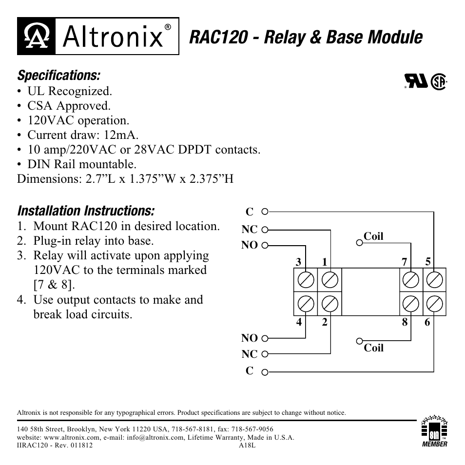 Altronix RAC120 Installation Instructions User Manual | 1 page