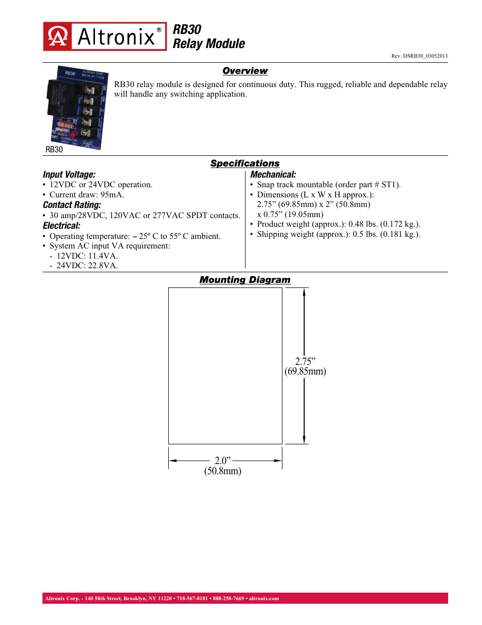 Altronix RB30 Data Sheet User Manual | 1 page