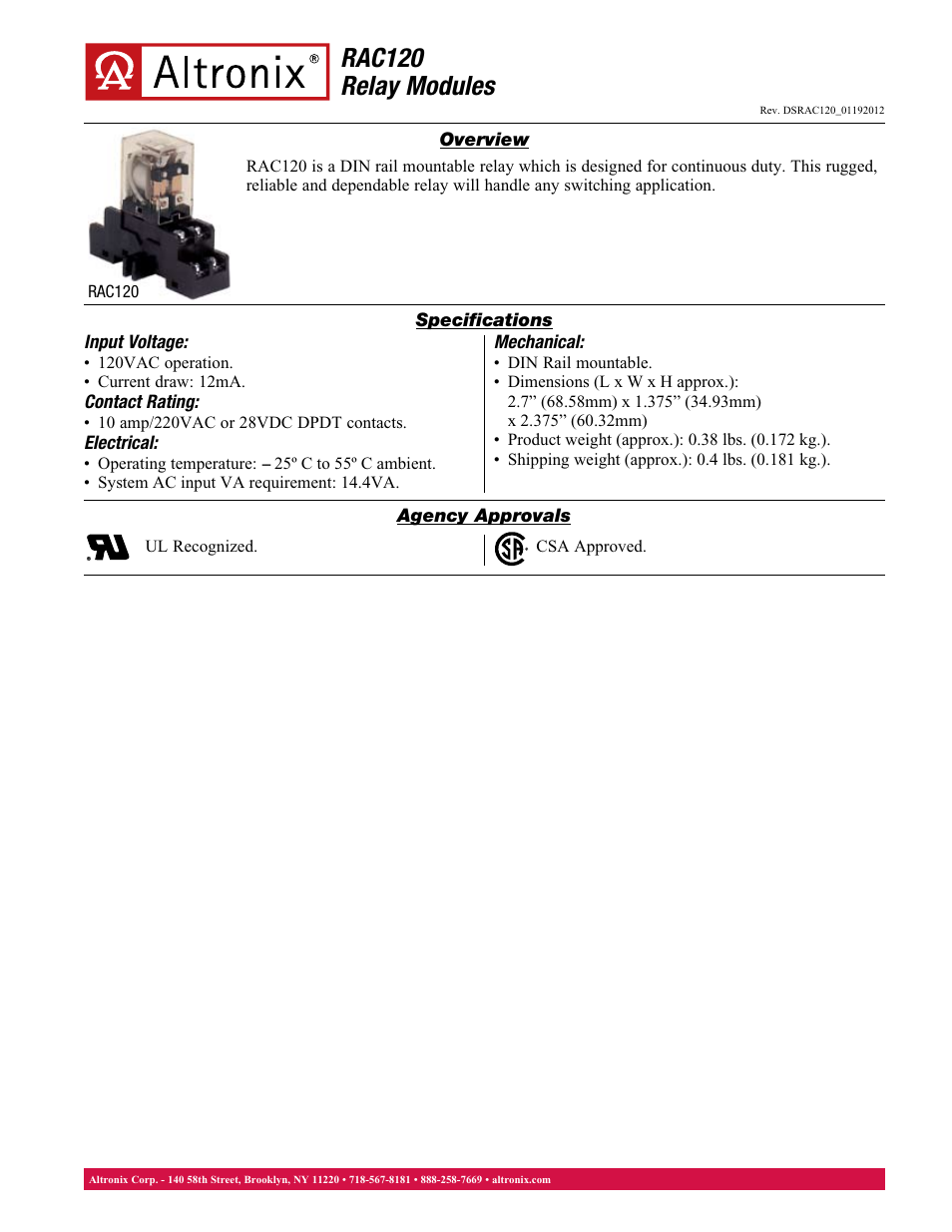 Altronix RAC120 Data Sheet User Manual | 1 page