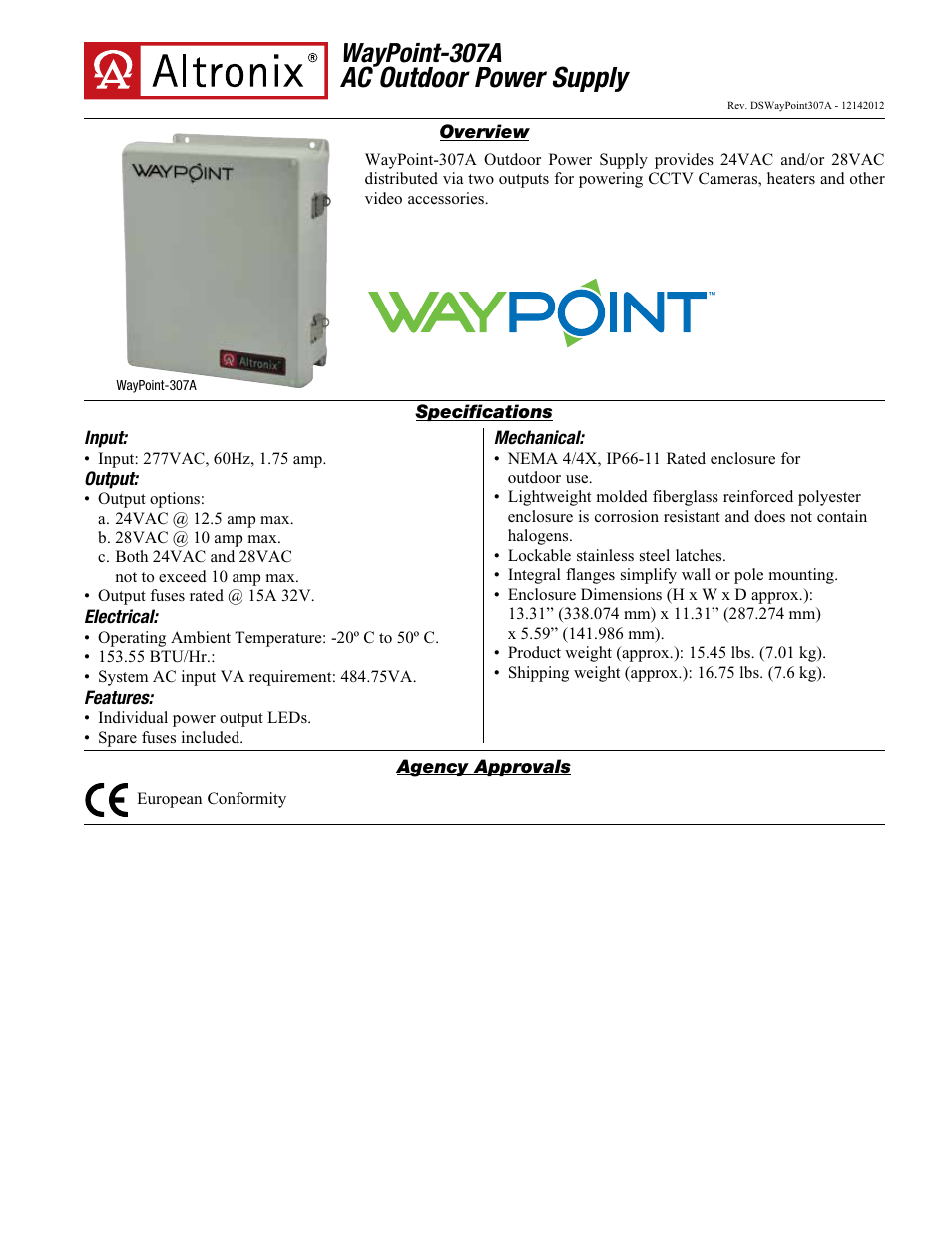 Altronix WayPoint-307A Data Sheet User Manual | 2 pages