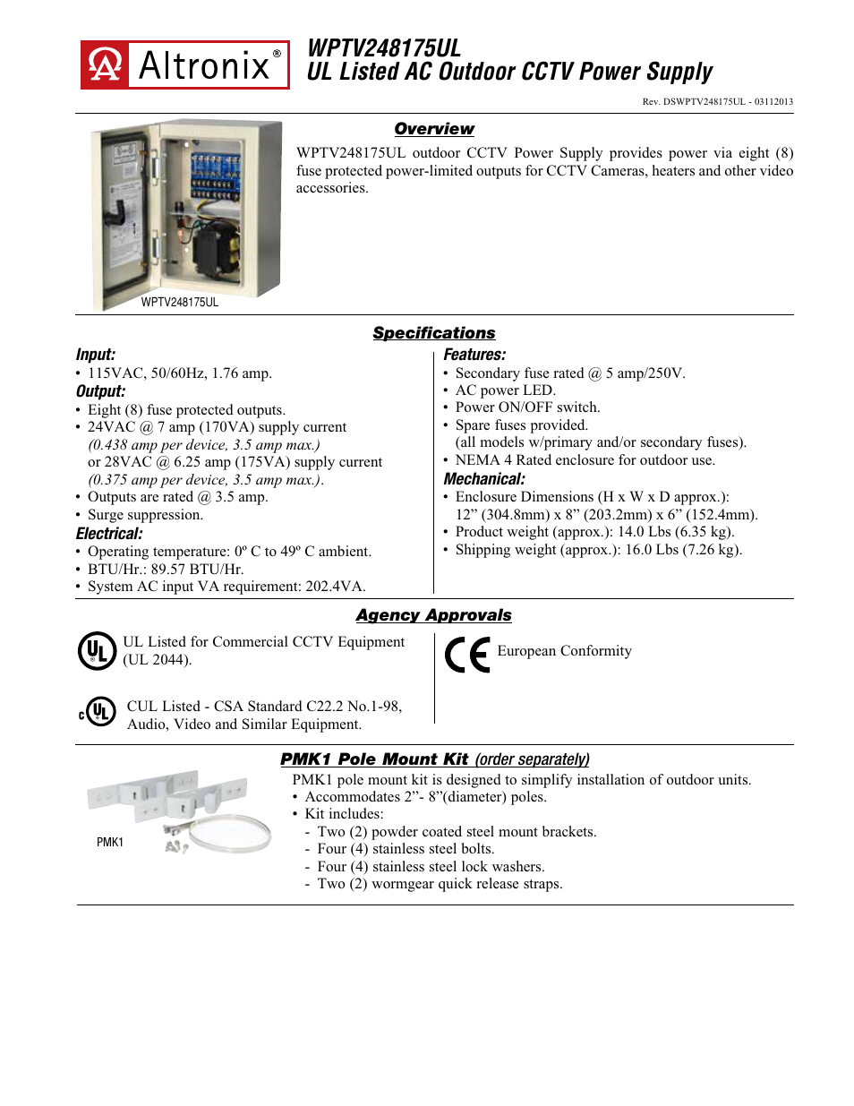 Altronix WPTV248175UL Data Sheet User Manual | 2 pages