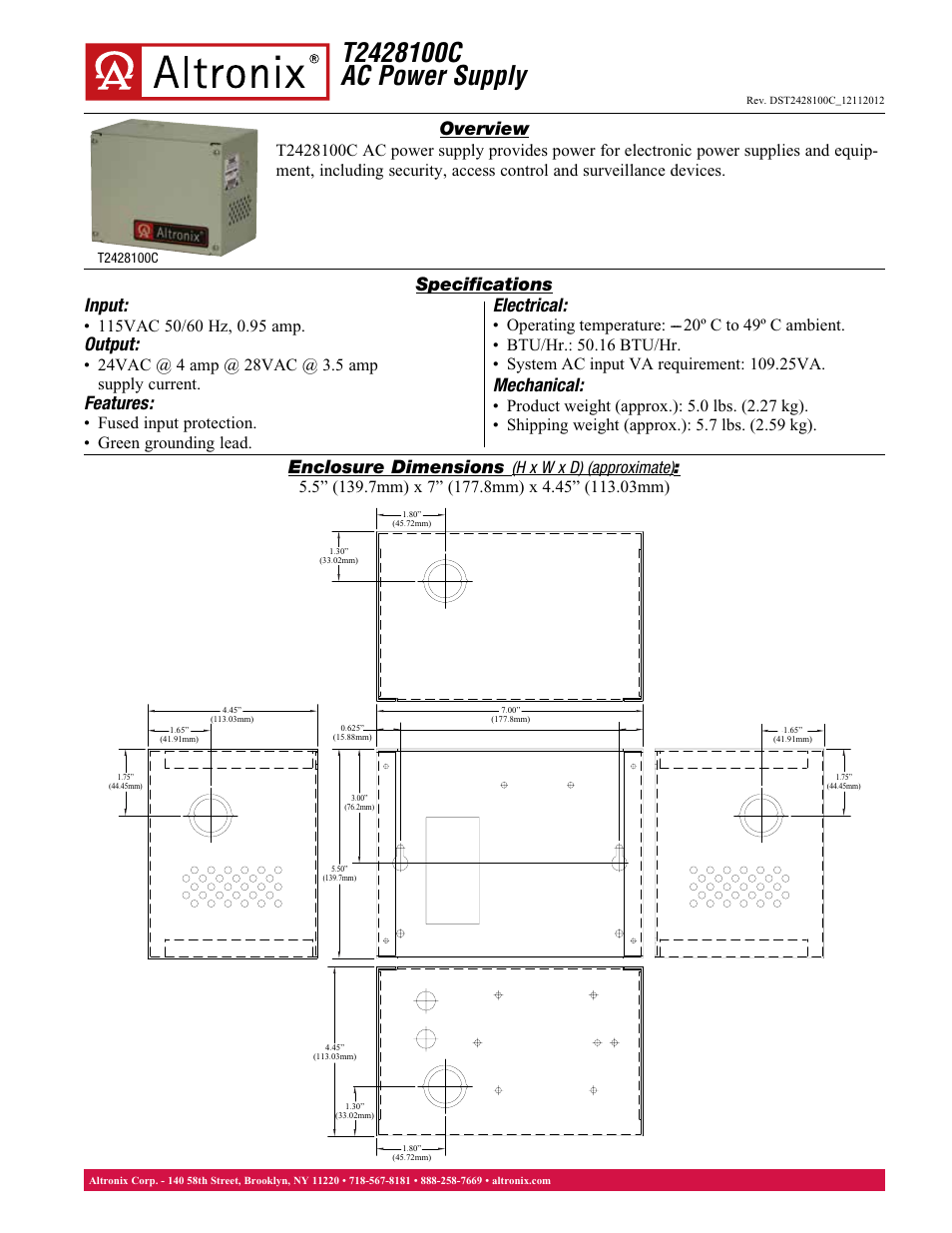 Altronix T2428100C Data Sheet User Manual | 1 page