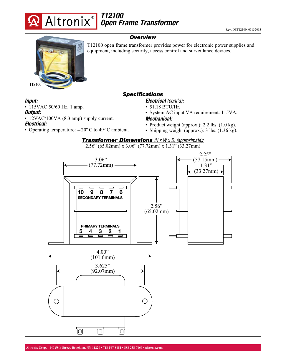 Altronix T12100 Data Sheet User Manual | 1 page