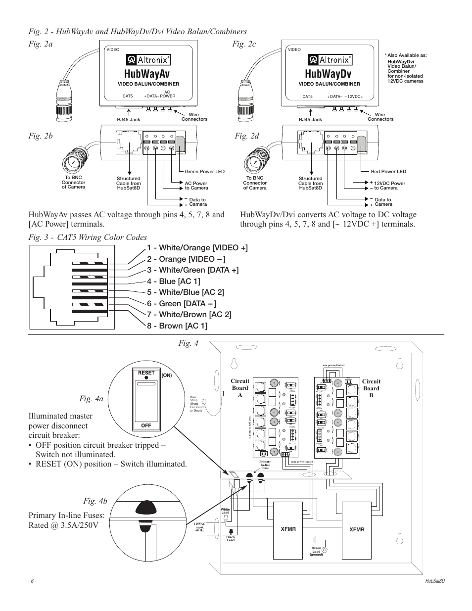 Hubwayav, Hubwaydv, Fig. 3 - cat5 wiring color codes | Bk 24 (y l) 0 ( br ), Bk 24 (y l) 0 (b r), Circuit board a circuit board b, 6 - hubsat8d, Xfmr, Video balun/combiner | Altronix HubSat 8D Installation Instructions User Manual | Page 6 / 8