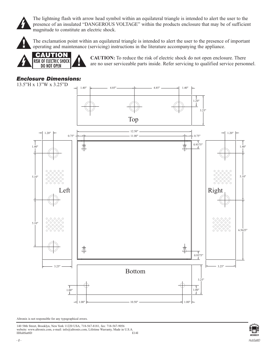 Bottom top right left, Enclosure dimensions | Altronix HubSat 8D Installation Instructions User Manual | Page 8 / 8