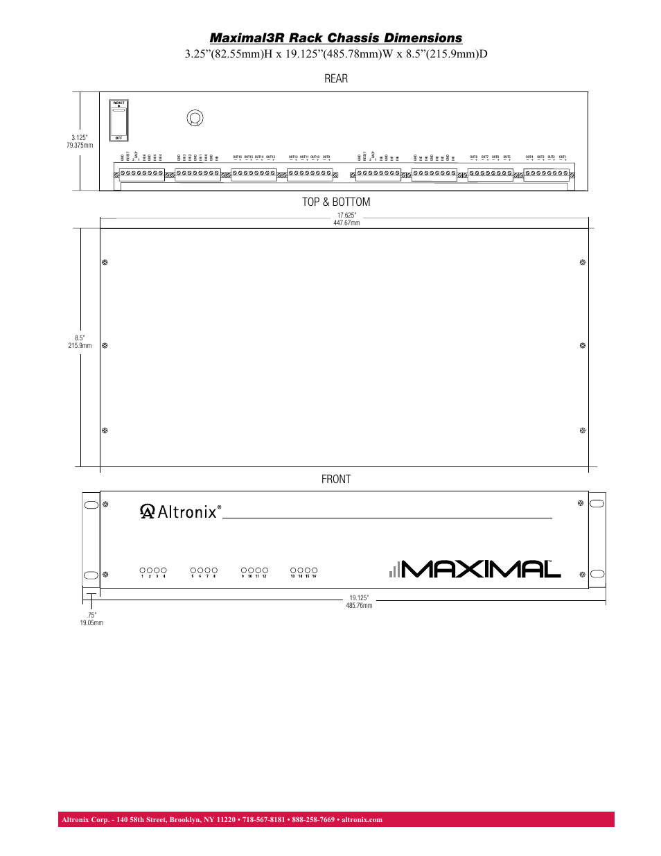 Maximal3r rack chassis dimensions, Front top & bottom rear | Altronix Maximal3R Data Sheet User Manual | Page 2 / 2