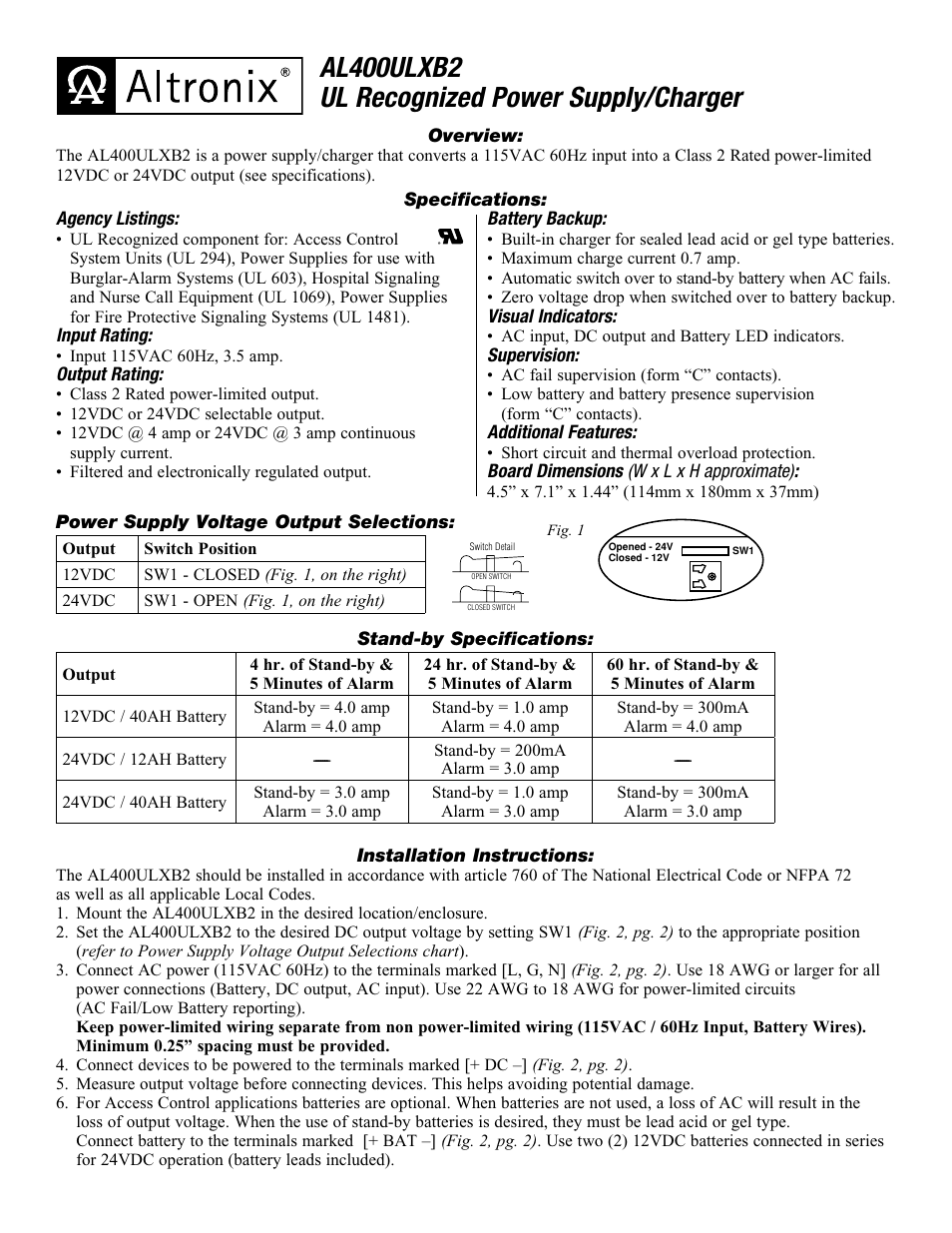 Altronix AL400ULXB2 Installation Instructions User Manual | 2 pages