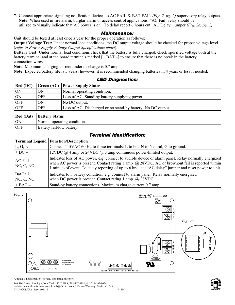 Ba t, Lg n, Maintenance | Led diagnostics, Terminal identification | Altronix AL400ULXB2 Installation Instructions User Manual | Page 2 / 2