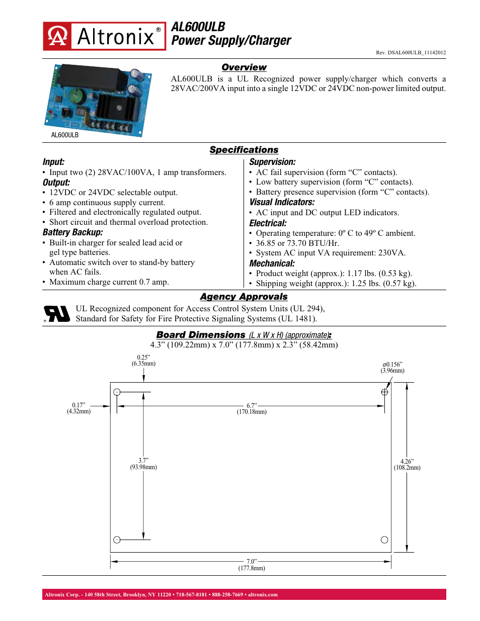 Altronix AL600ULB Data Sheet User Manual | 1 page