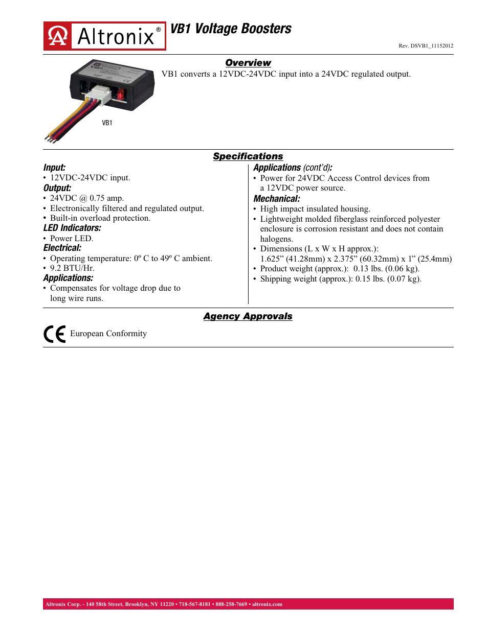 Altronix VB1 Data Sheet User Manual | 1 page