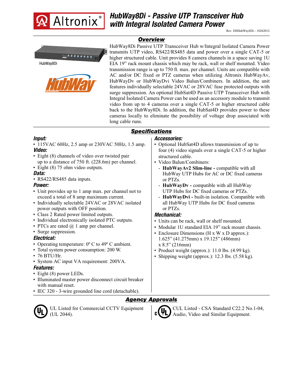 Altronix HubWay 8Di Data Sheet User Manual | 2 pages