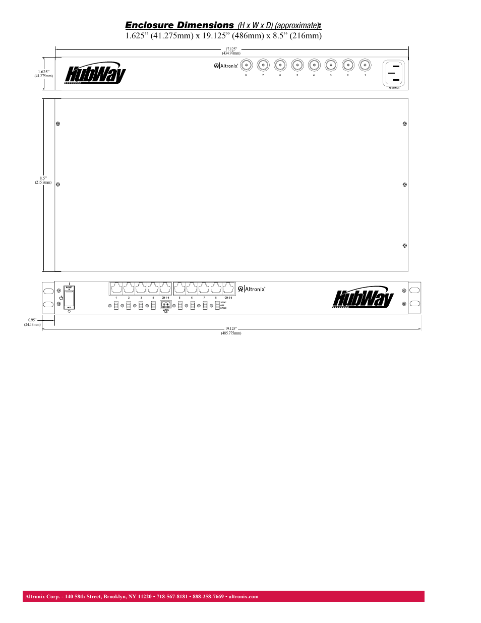 Enclosure dimensions | Altronix HubWay 8Di Data Sheet User Manual | Page 2 / 2