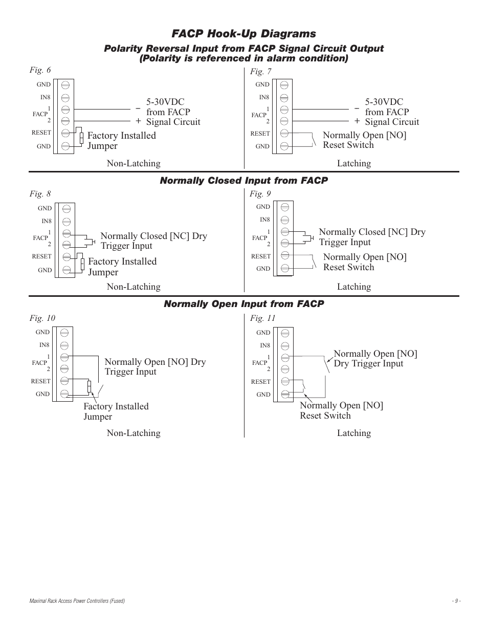 Facp hook-up diagrams, Factory installed jumper, 30vdc from facp signal circuit | Normally open [no] reset switch, Normally closed [nc] dry trigger input | Altronix Maximal3R Installation Instructions User Manual | Page 9 / 12